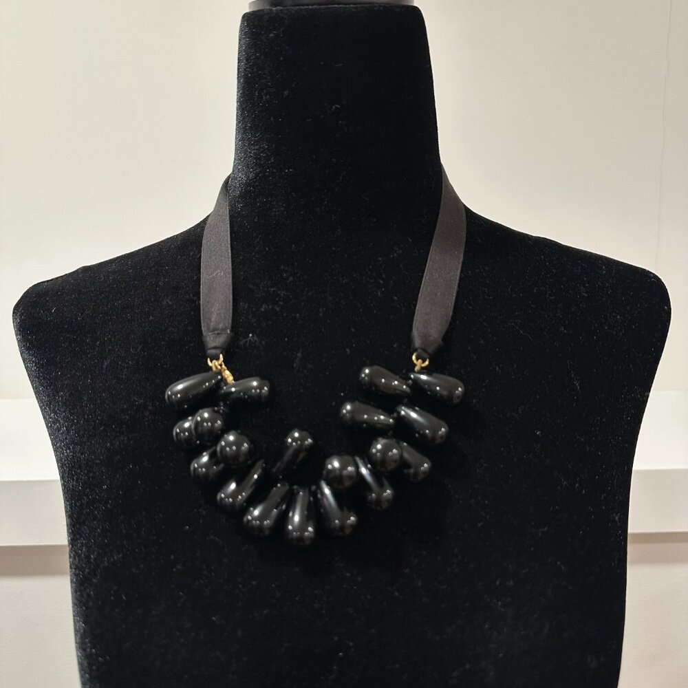 J.Crew Large Black Teardrop Beaded Statement Necklace Ribbon Tie Closure